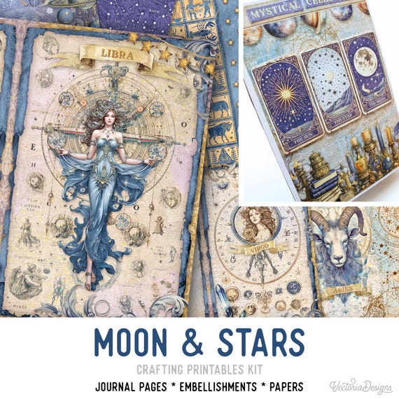 Moon & Stars Junk Journal Kit (Standard) - Printable Pages, Papers and Embellishments for Crafting - 003515