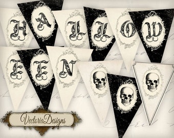 Digital Halloween Banner, Halloween Printable Banner, Vintage Halloween Decoration, Collage Paper Crafting, Night Of The Dead Banner, 000487