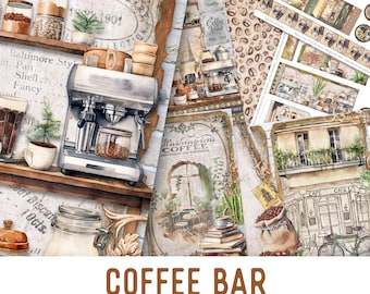 May include: A digital printable kit for crafting with a coffee bar theme. The kit includes journal pages, embellishments, and papers. The image features a vintage coffee maker, coffee beans, and a cafe scene.