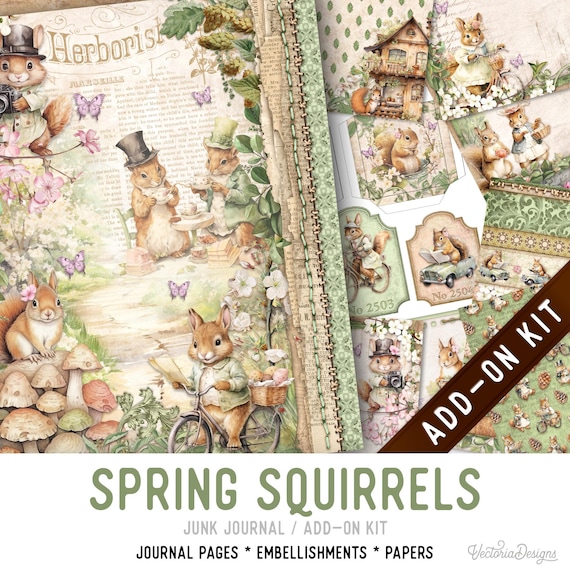 Spring Squirrels Junk Journal Kit, Printable Pages, Embellishments (Add-On Kit) - 003482