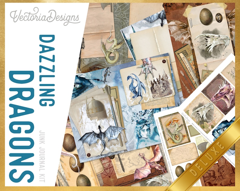 May include: A digital junk journal kit featuring a variety of images of dragons, including a blue dragon, a green dragon, and a white dragon. The kit also includes images of eggs, a castle, and a woman with a crown. The text "DAZZLING DRAGONS JUNK JOURNAL KIT" is visible in the image.