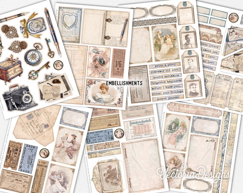 Secret Diary Junk journal Kit, Secret Scribbles MINI Crafting Printables Kit Junk Journal Embellishments Vintage Diary Paper Pack 003044 image 3