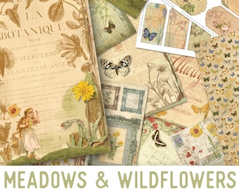 Meadows and Wildflowers Crafting Printables Kit, Cottagecore Aesthetic, Printable Junk Journal Kit, Digital, Printable Paper Pack 002331