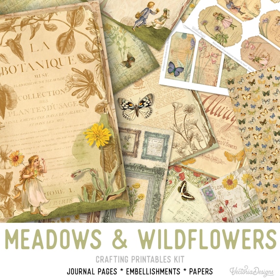 Meadows and Wildflowers Junk Journal Kit (Standard) - Printable Pages, Papers and Embellishments for Crafting - 002331