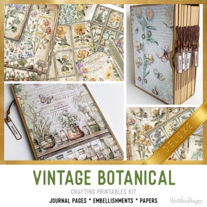 Vintage Botanical Junk Journal Kit New DELUXE, Botanical Crafting Printables Kit Botanical Embellishments Paper Craft Tutorial 003334