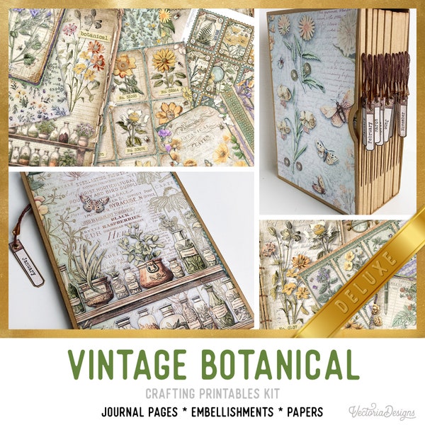 Vintage Botanical Junk Journal Kit Nuevo DELUXE, Kit de imprimibles de artesanía botánica Adornos botánicos Tutorial de artesanía de papel 003334
