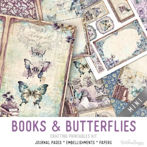 Books & Butterflies MINI Junk journal Kit Crafting Printables Kit Butterfly Junk Journal Books Embellishments Butterfly Paper Craft 003035