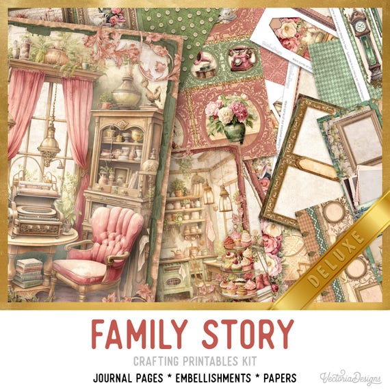 Family Story Junk Journal Kit – Deluxe - Printable Pages, Papers and Embellishments for Crafting - 003637