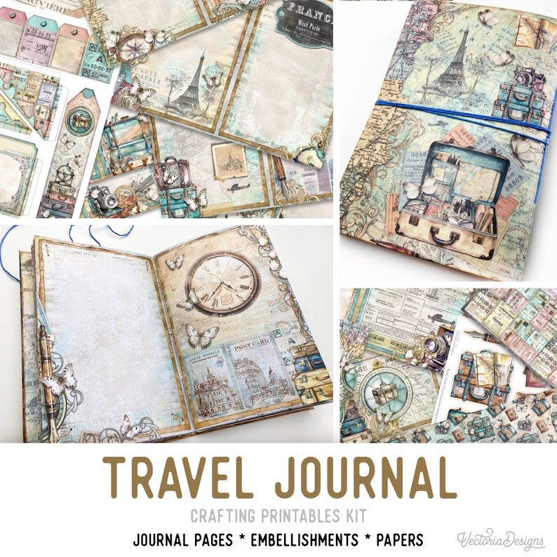 May include: A printable crafting kit for creating a travel journal. The kit includes journal pages, embellishments, and papers with a vintage travel theme. The image shows a sample journal with a clock, butterflies, and a postcard image.