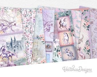 Unicorns Paper Pack, Printable Paper Pack, Digital Paper, Antique Paper Pack, DIY Paper Pack, Scrapbook Paper 002242