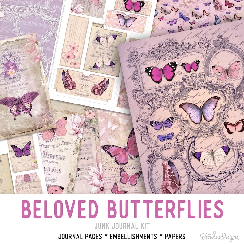 Beloved Butterflies Junk Journal Kit, Junk Journal Supplies, Junk Journal Printables, Butterfly Decor, Junk Journal Ephemera, DIY Kit 002218 image 1