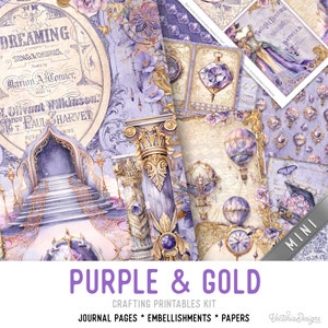 Purple and Gold Junk Journal Kit MINI, Purple Gold Crafting Printables Kit Purple Embellishments Printable Paper Craft Kit Craft - 003319