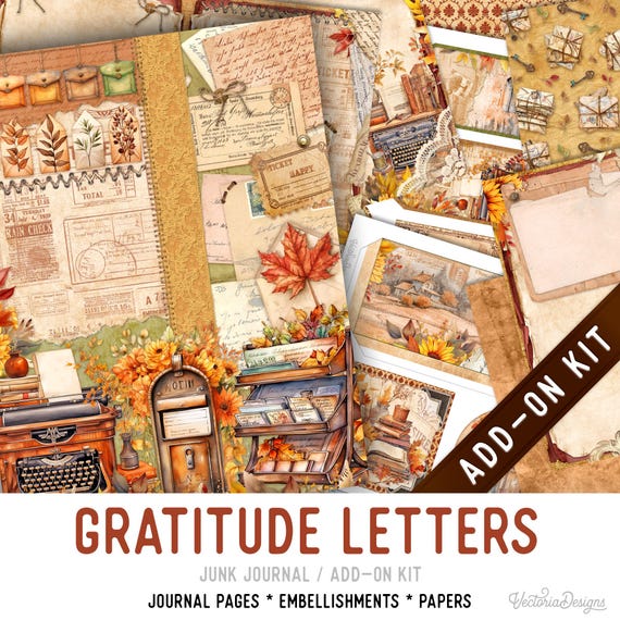Gratitude Letters Junk Journal Kit ADD-ON, Printable Pages Embellishments Papers - 003617