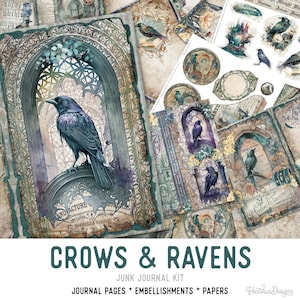 Crows & Ravens Junk Journal Kit Printable Junk Journal Kit Crows Embellishments Raven Junk Journal Papers Craft kit Halloween - 002922