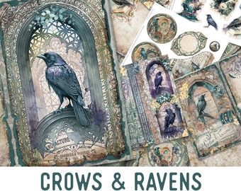 Crows & Ravens Junk Journal Kit Printable Junk Journal Kit Crows Embellishments Raven Junk Journal Papers Craft kit Halloween - 002922