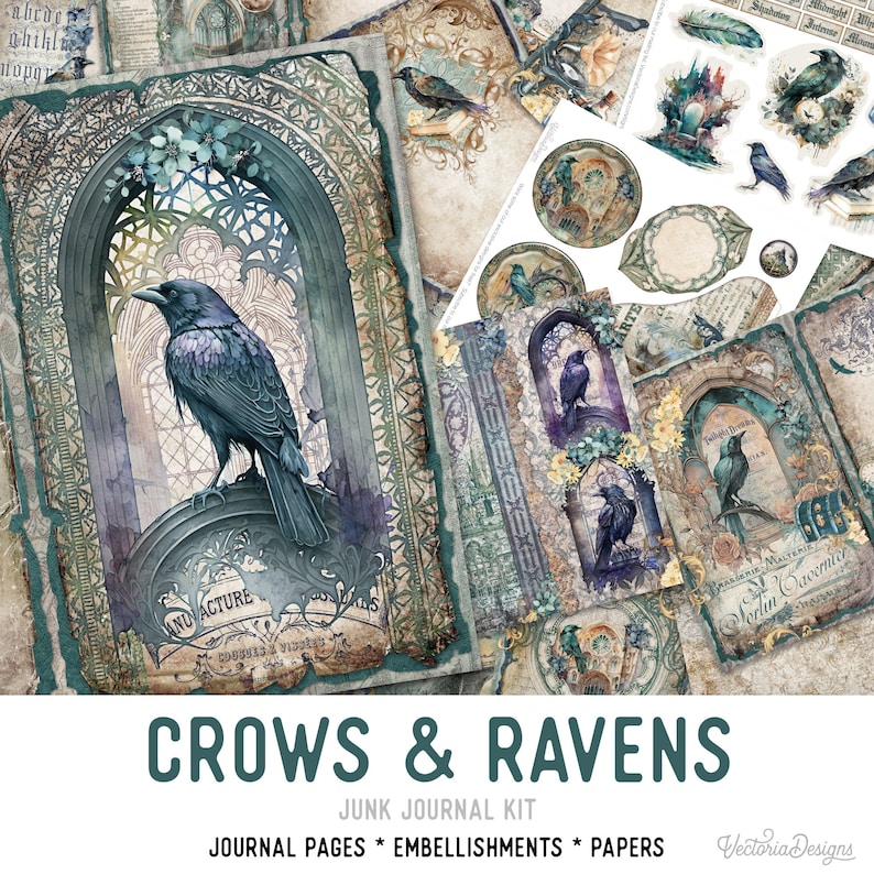 May include: A digital junk journal kit featuring crows and ravens. The kit includes journal pages, embellishments, and papers. The images are in a vintage style with a dark blue, green, and gold color scheme.