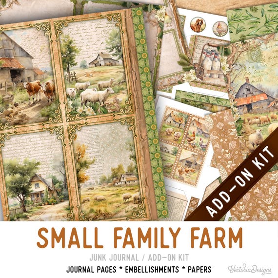 Small Family Farm Junk Journal Add-On Kit, Printable Pages Embellishments Papers - 004013