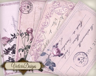 Valentine Postcards Paper, Printable Postcards, Shabby Decor, Pink Cards, Valentines Day Gift, Valentine Ephemera, Digital Cards 000418