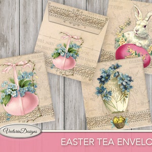 May include: Four printable Easter tea envelopes featuring vintage illustrations of a pink Easter egg with blue forget-me-not flowers, a white rabbit, and a pink Easter egg with blue forget-me-not flowers in a vase. The text "Easter Tea Envelopes" is printed at the bottom of the image.