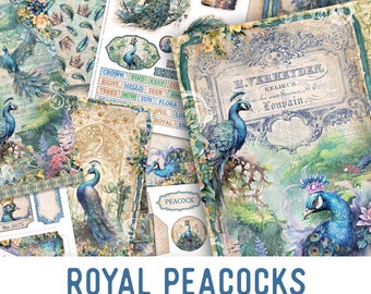 Könnte beinhalten: Eine Sammlung dekorativer Papierbögen und Ephemera mit Pfauenillustrationen, Blumenmustern und Vintage-Typografie. Die Designs enthalten Texte wie H. VERHEYDEN, RELIEUR, LOUVAIN, CROWN, BIRD und PEACOCK in Blau-, Grün- und Goldtönen.