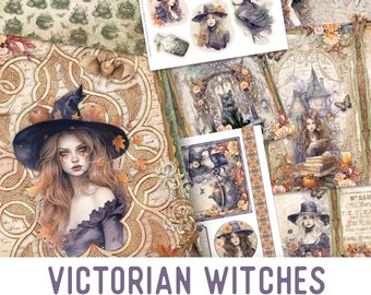 May include: A printable crafting kit featuring Victorian witches with a vintage aesthetic. The kit includes journal pages, embellishments, and papers with images of witches, cats, and other magical elements.