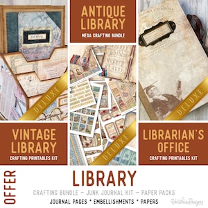 May include: A crafting bundle with the text "Antique Library," "Vintage Library," and "Librarian's Office." The image includes journal pages, embellishments, and paper packs. The word "Deluxe" is on a gold ribbon.