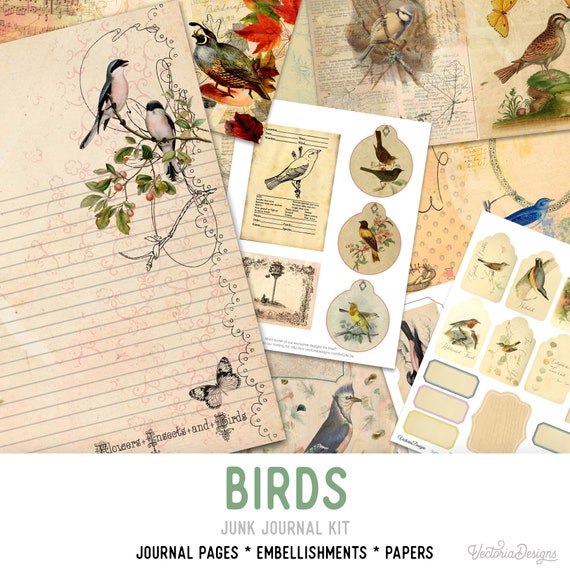 Vintage Birds Junk Journal Kit - Printable Pages for Crafting - 001999