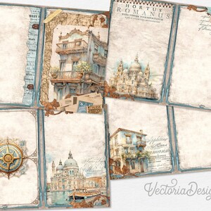 May include: A collage of vintage-style paper sheets with architectural illustrations and a compass rose. The pages feature faded blue and brown tones, with images of buildings, a church, and text. The overall theme is travel and exploration.