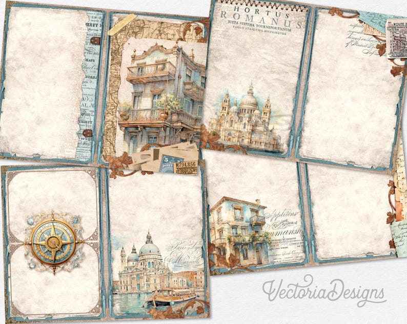 May include: A collage of vintage-style paper sheets with architectural illustrations and a compass rose. The pages feature faded blue and brown tones, with images of buildings, a church, and text. The overall theme is travel and exploration.