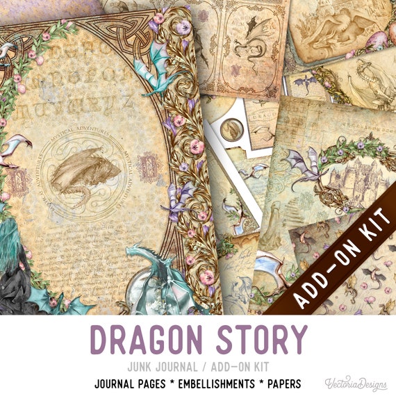 Dragon Story Junk Journal Add-On Kit, Printable Pages Embellishments Papers - 003398