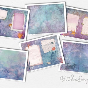 May include: A set of six digital paper backgrounds featuring a vintage nautical theme with a mermaid, seashells, starfish, and a compass. The papers are in shades of blue, purple, and green with a distressed texture.