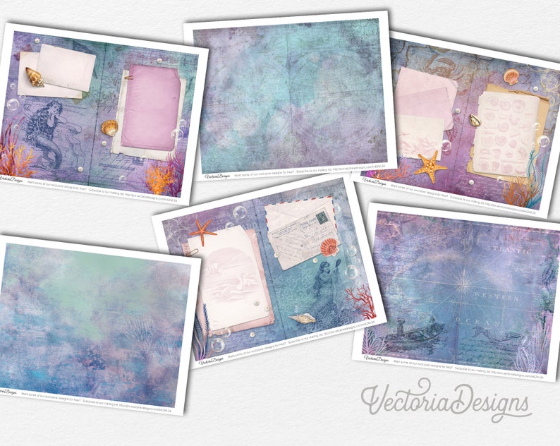 May include: A set of six digital paper backgrounds featuring a vintage nautical theme with a mermaid, seashells, starfish, and a compass. The papers are in shades of blue, purple, and green with a distressed texture.