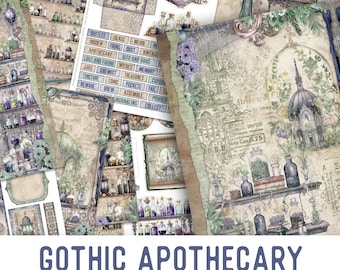 May include: A digital junk journal kit with a gothic apothecary theme. The kit includes journal pages, embellishments, and papers. The image features a variety of vintage-inspired illustrations, including bottles, jars, and other apothecary items. The text "Gothic Apothecary" is featured in a bold, gothic font.