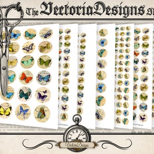 Puede incluir: Una colecci&oacute;n de hojas de collage digitales con ilustraciones circulares de mariposas sobre fondos de escritura vintage, junto a unas tijeras plateadas ornamentadas y un reloj de bolsillo, bajo el texto The VectoriaDesigns shoppe.