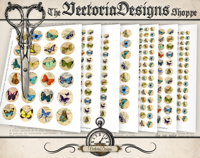 Puede incluir: Una colecci&oacute;n de hojas de collage digitales con ilustraciones circulares de mariposas sobre fondos de escritura vintage, junto a unas tijeras plateadas ornamentadas y un reloj de bolsillo, bajo el texto The VectoriaDesigns shoppe.