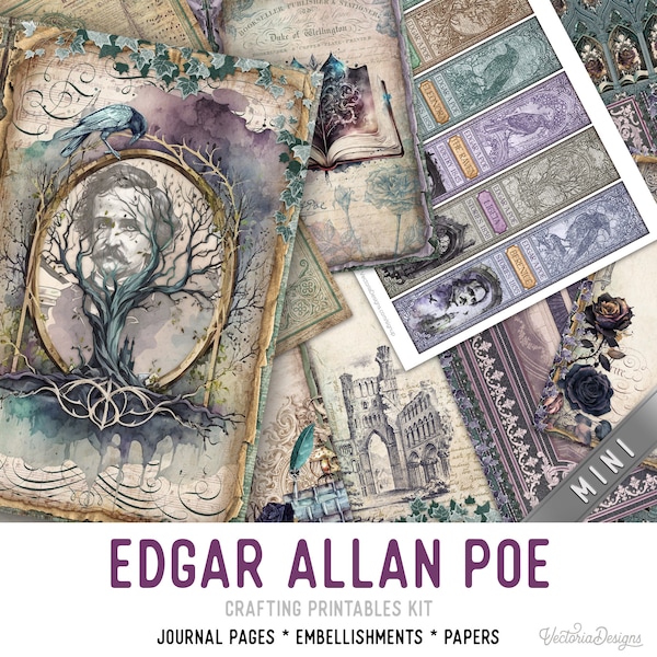 Edgar Allan Poe Junk Journal Kit MINI Edgar Allan Poe Crafting Printables Kit Poe versieringen afdrukbaar papier Poe Craft Kits 003094