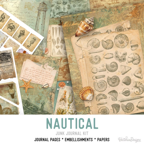 Nautical Junk Journal Kit, Printable Nautical Journal Kit, Nautical Junk Journal Pack, Embellishments, Scrapbook Junk Journal 002031