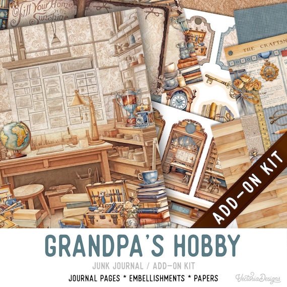 Grandpa's Hobby Junk Journal Kit Add-On, Printable Pages Embellishments Papers - 004023