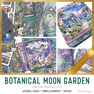 以下が含まれることがあります： 植物園の月の庭をテーマにしたクラフト用印刷物のコレクション。このセットには、紫、緑、青の色合いのガゼボ、花、猫のイラストが描かれたジャーナルページ、装飾品、紙が含まれています。「DELUXE」の文字が見えます。