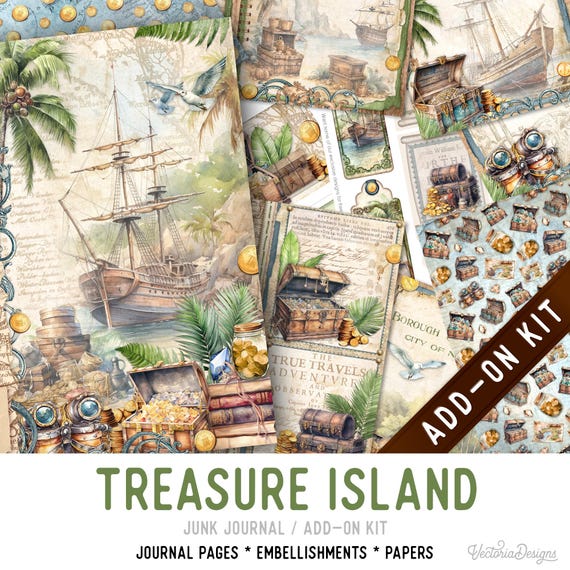 Treasure Island Junk Journal Kit ADD-ON, Printable Craft kit with Journal Pages, Embellishments and Papers - 003458