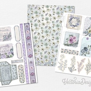 May include: A set of printable digital papers and tags featuring a floral design with a watercolor effect in shades of blue, purple, and white. The designs include a variety of flowers, leaves, and vines. The text "Compliments of the Season" is included on one of the tags.