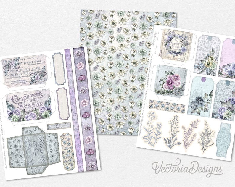 May include: A set of printable digital papers and tags featuring a floral design with a watercolor effect in shades of blue, purple, and white. The designs include a variety of flowers, leaves, and vines. The text "Compliments of the Season" is included on one of the tags.