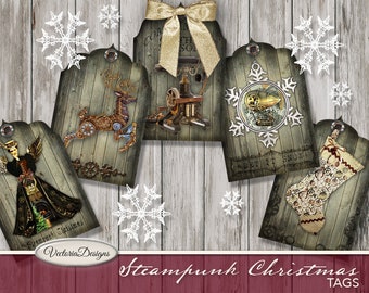 Steampunk Christmas Tags printable vintage Christmas gift tags digital graphics instant download Digital Collage Sheet- VDTACM1830