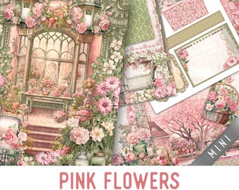Pink Flowers Junk Journal Kit MINI, Pink Flowers Crafting Printables Kit Crafting Flower Embellishments Printable Crafts Paper 003720