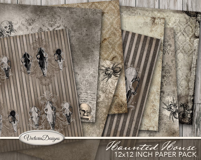 Halloween Paper Pack, Skull Wallpapers, Digital Papers, Scrapbooking, Halloween Decoration, Haunted House Paper Set, Halloween VDPAHA1769 image 1