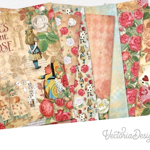 Alice's Roses Paper Pack, Alice Scrapbook Paper, Printable Alice Paper, Vintage Alice Paper Pack, Wonderland Paper, DIY 002498