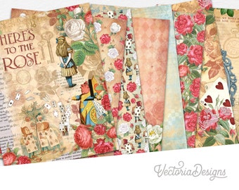 Alice's Roses Paper Pack, Alice Scrapbook Paper, Printable Alice Paper, Vintage Alice Paper Pack, Wonderland Paper, DIY 002498