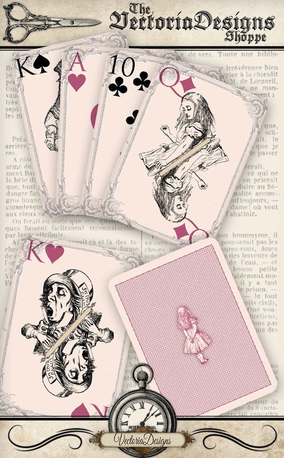 Printable Alice in Wonderland playing cards full deck paper crafting scrapbooking craft instant download digital collage sheet - 000108