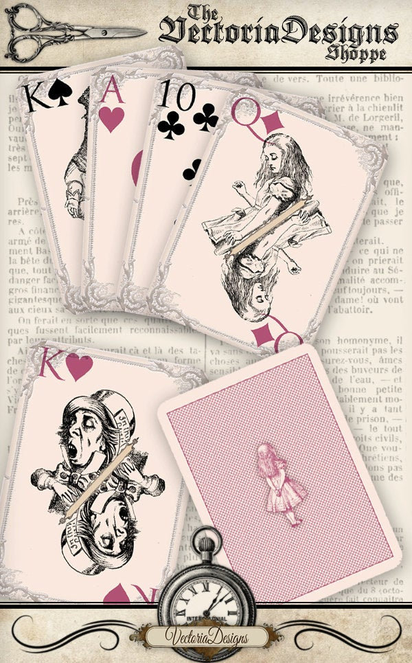 Printable Alice in Wonderland playing cards full deck paper crafting  scrapbooking craft instant download digital collage sheet - 000108