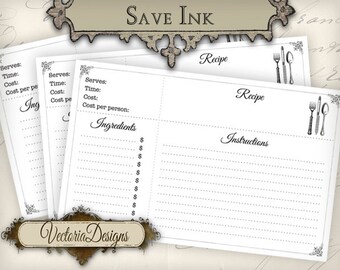 Recipe Cards Budget save ink eco printable instant download digital Collage Sheet 000705